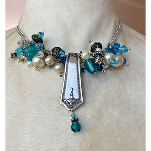 Cluster Chocker Necklace Blue Glass Beads & Faux Pearls & Spoon Handle Pendant